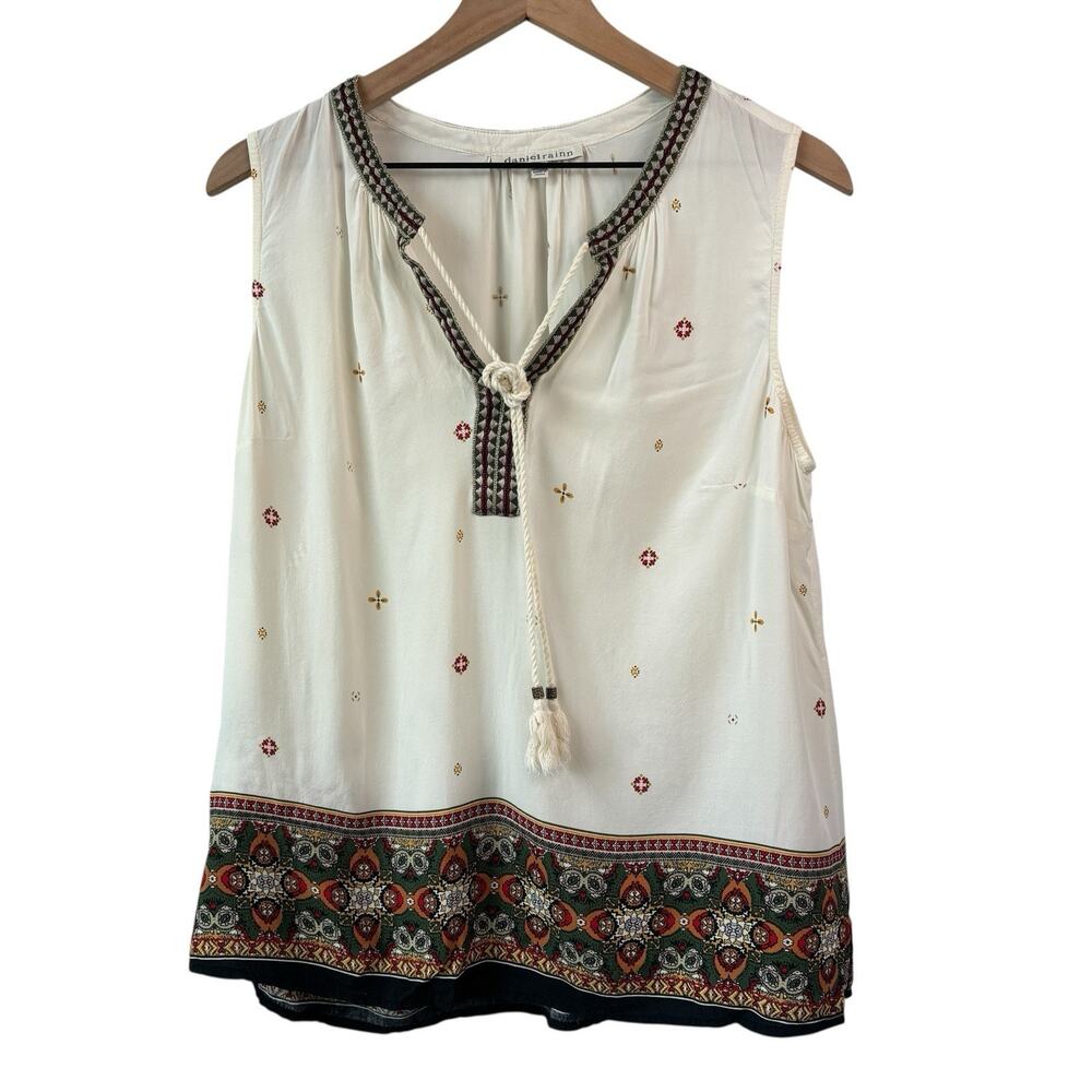 Daniel Rainn Womens Top‎ Large Cream Embroidery Trim Tie Boho Sleeveless Rayon